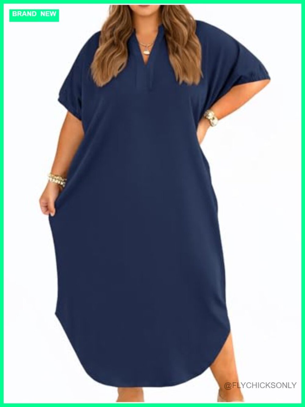 Plus Size Collared V Neck Short Sleeve Maxi T Shirt Dress with Pockets